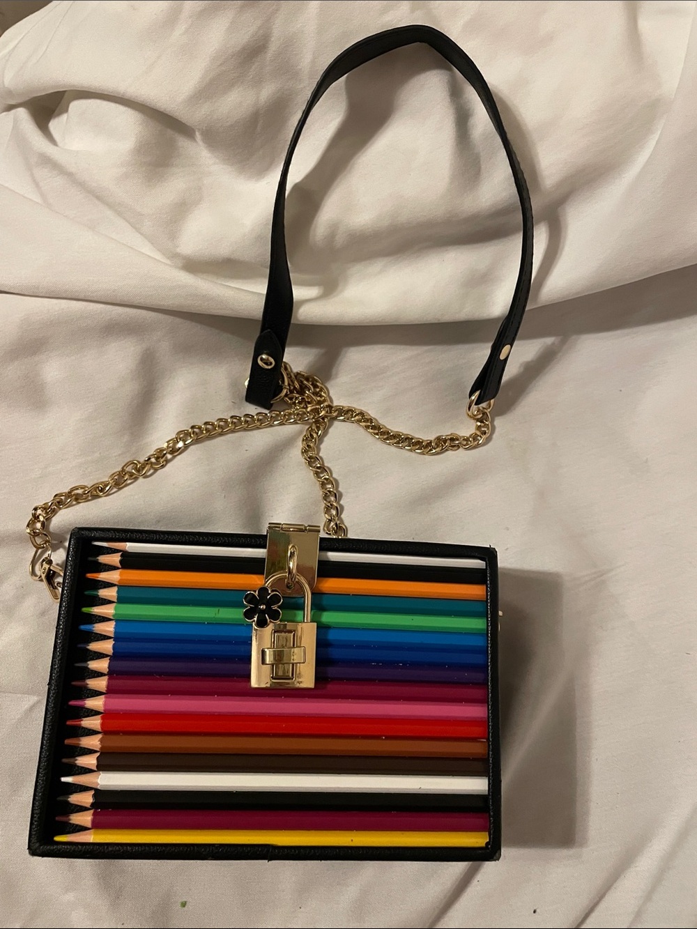 Color Pencil Accent Box Bag - Black with Rainbow Stripes